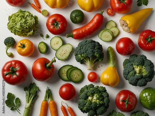 Fresh vegetables playfully arranged on a white background.