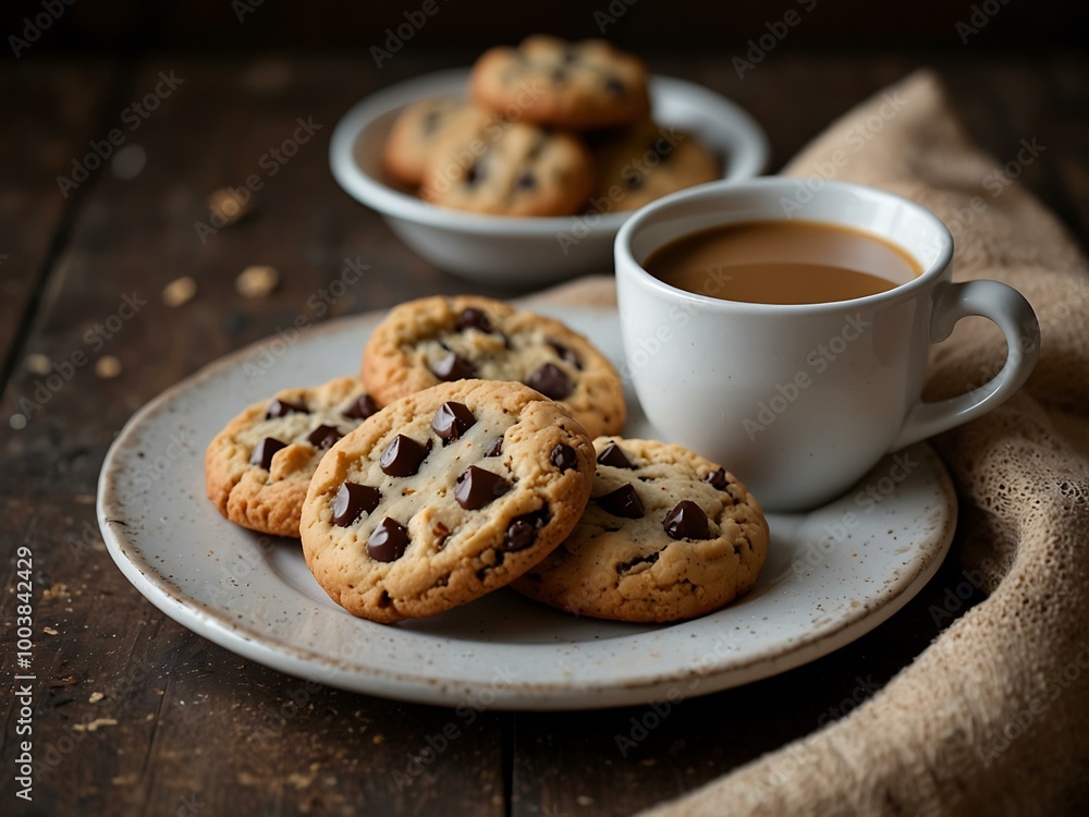 Freshly baked cookies with chocolate chips and a cup of coffee. Freshly baked cookies with chocolate chips and a cup of coffee.