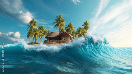 A resort with coconut trees on an island surrounded by tsunami waves in the middle of a blue background. World Tsunami Awareness Day. photo