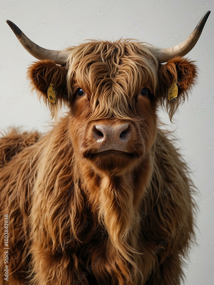 Front view of a brown highland cow against a white backdrop. Front view of a brown highland cow against a white backdrop.