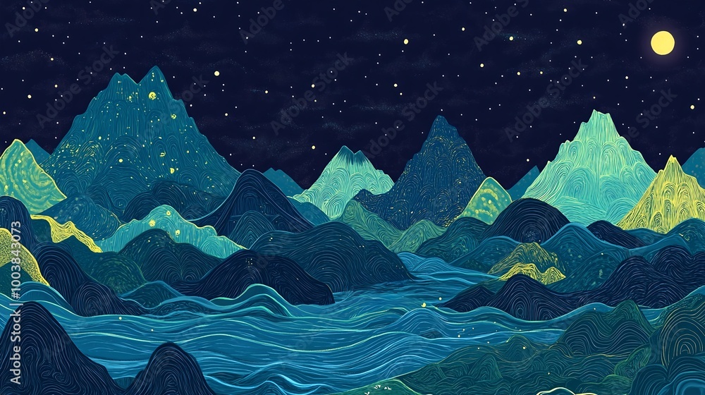Obraz premium A cartoon-style illustration of towering mountains under a starry sky and humans crossing a deep sea, with bright colors and simple lines