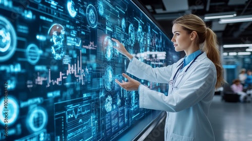 Female Doctor Analyzing Medical Data on Futuristic Holographic Interface, Healthcare AI