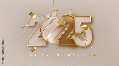 Happy new year 2025. Festive design with realistic golden number and Christmas decorations, balls, and streamer