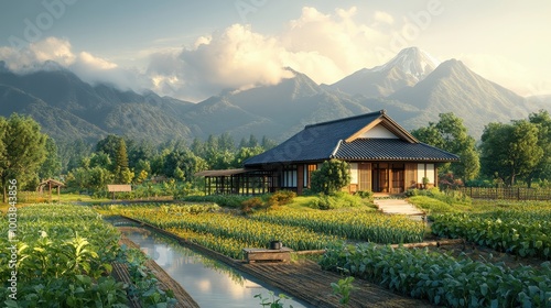 Traditional Japanese House in Serene Countryside with Mountain Views and Lush Greenery