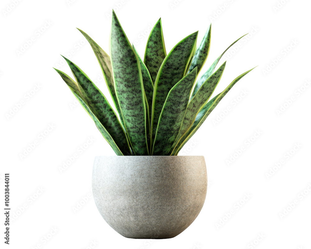 A decorative potted plant with long green leaves in a simple concrete pot. A decorative potted plant with long green leaves in a simple concrete pot.