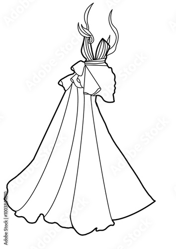 Black and white line drawing of a dramatic evening gown with an elaborate design. The dress features a high neckline with a large, sculptural bow on the shoulder and a long, flowing skirt that elegant