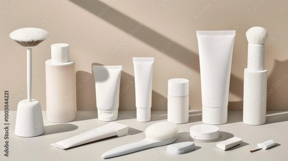 Minimalist White Cosmetic Product Arrangement Minimalist White Cosmetic Product Arrangement