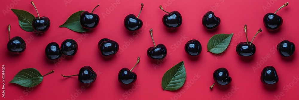 Ripe Black Cherries Pattern, Delicious Summer Berries on Vibrant Red Background, Top View Ripe Black Cherries Pattern, Delicious Summer Berries on Vibrant Red Background, Top View