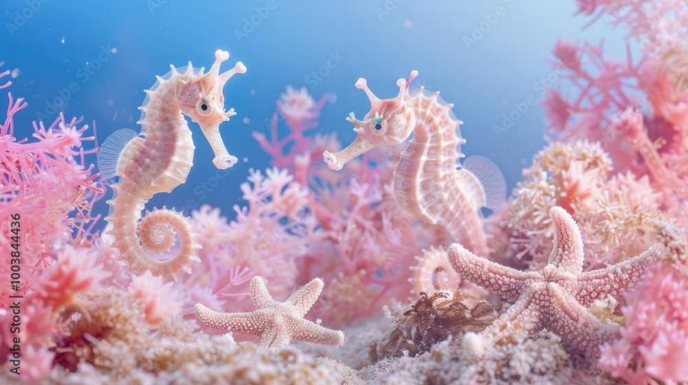 Playful Baby Seahorses in Soft Pink Coral Setting