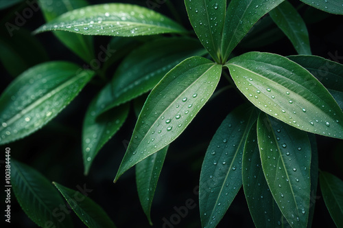 Green leaves retaining drops of water after rain, top view background