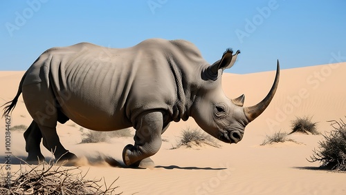 This powerful image captures a lone rhinoceros moving through a stark and barren desert landscape. Surrounded by vast sand dunes and sparse desert vegetation. photo