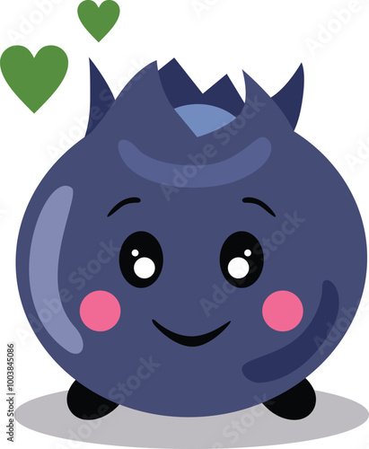 Funny happy blueberry mascot with green hearts