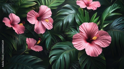 Vibrant Pink Hibiscus Flowers with Lush Green Leaves in a Tropical Garden Setting