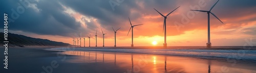 Stunning Sunset Over Offshore Wind Farm with Turbines Reflecting on Calm Ocean Waters