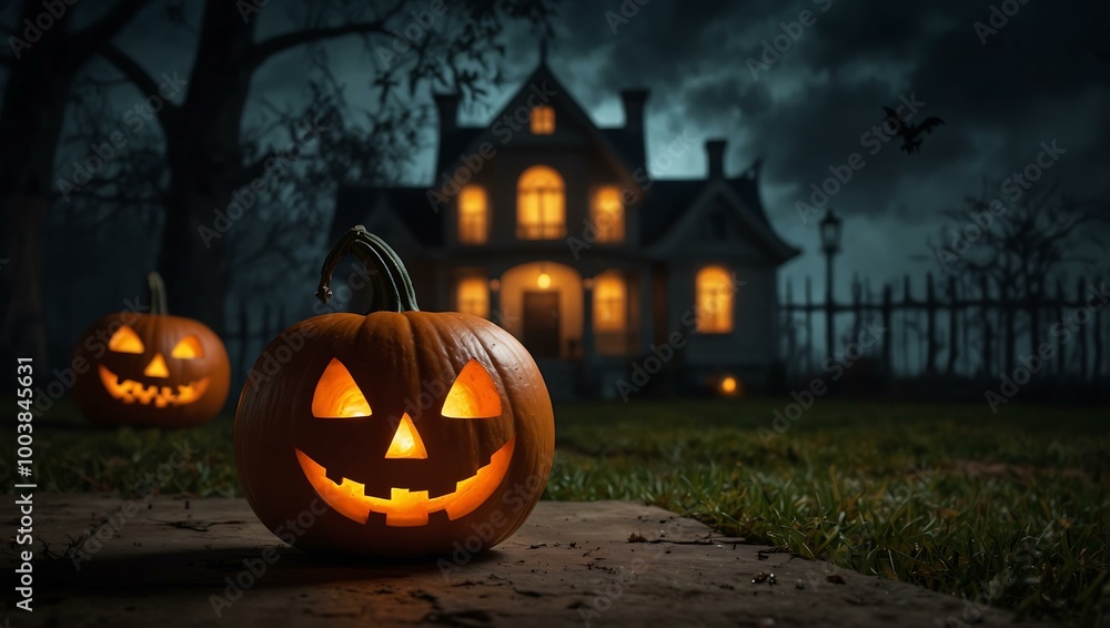 Glowing pumpkin with candlelight in front of a haunted house. Glowing pumpkin with candlelight in front of a haunted house.