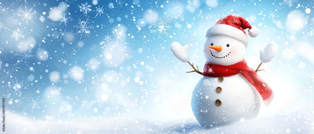 A snowman wears a red hat and scarf in the snowy scene A snowman wears a red hat and scarf in the snowy scene