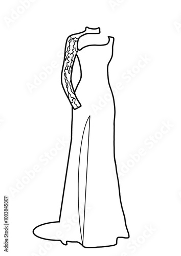 A sleek line-art illustration of a formal, floor-length gown featuring a one-shoulder design. The dress has an elegant silhouette with a high neckline and a single long sleeve adorned with intricate l