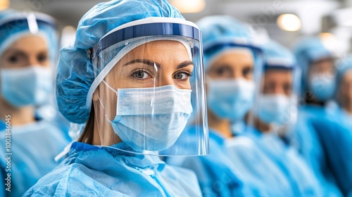 Healthcare workers delivering medical care to elderly patients in a nursing home reflecting support for vulnerable populations Large space for text in center Stock Photo with copy space