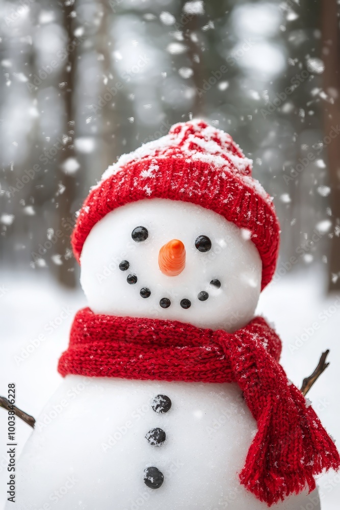 A snowman dons a red knit hat and scarf, both around him A snowman dons a red knit hat and scarf, both around him