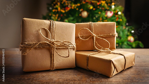 Christmas presents lie on a wooden surface, with a Christmas tree in the background.