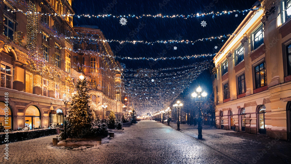 Fototapeta premium Evening street and trees decorated with luminous garlands. Christmas atmosphere with falling snow.