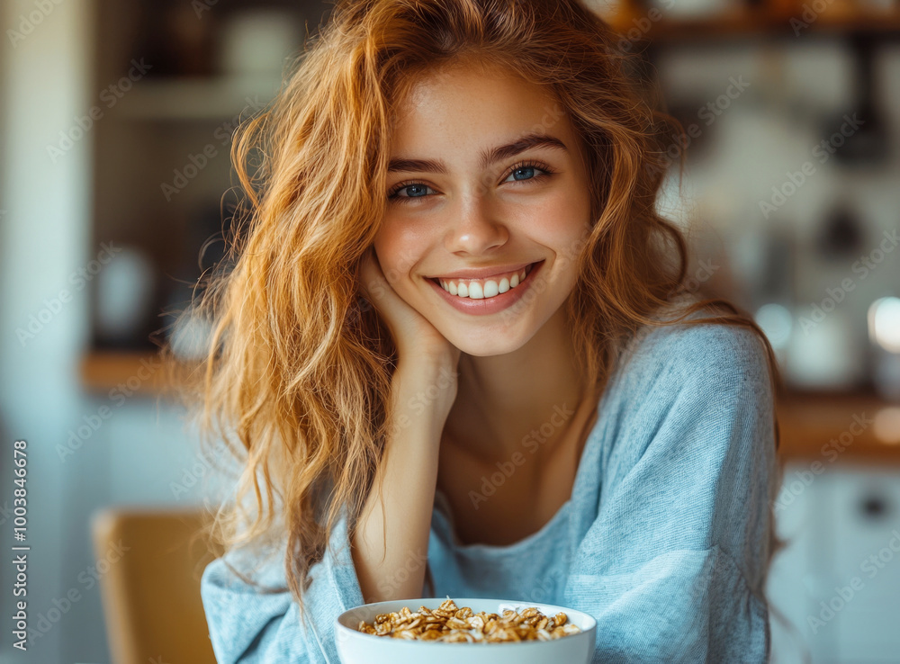 A young woman enjoys a healthy breakfast in her cozy home kitchen, smiles and looks into the frame A young woman enjoys a healthy breakfast in her cozy home kitchen, smiles and looks into the frame
