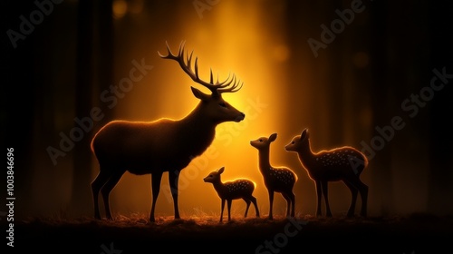 Deer Family in the Golden Hour: A majestic stag and his two fawns stand silhouetted against a radiant sunset, their forms illuminated by warm light.