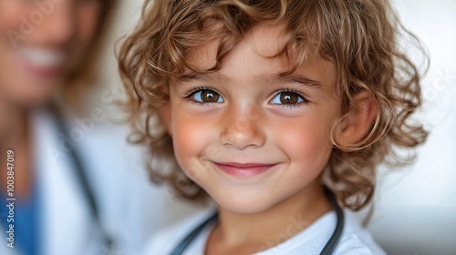 Medical staff assisting a child and family with health check-ups in a welcoming pediatric unit showing child-friendly healthcare services Large space for text in center Stock Photo with copy space