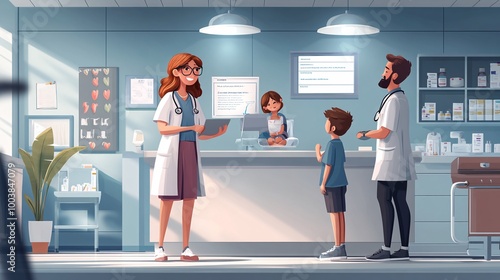 Medical staff assisting a child and family with health check-ups in a welcoming pediatric unit showing child-friendly healthcare services Large space for text in center Stock Photo with copy space