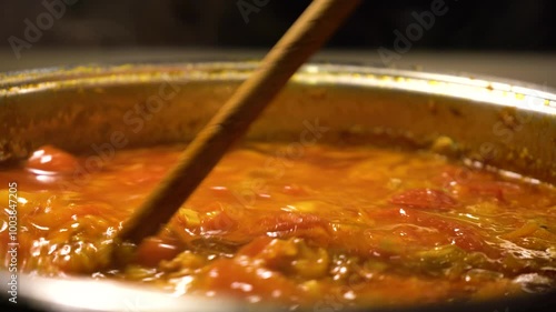 Close-up Homecooking. Making Homemade Bolognese sauce. Making Tomato Sauce. Sauteed mire poix. Cooking Tomatoes. Browning ground beef. photo