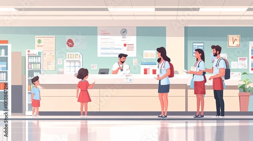 Medical staff assisting a child and family with health check-ups in a welcoming pediatric unit showing child-friendly healthcare services Large space for text in center Stock Photo with copy space
