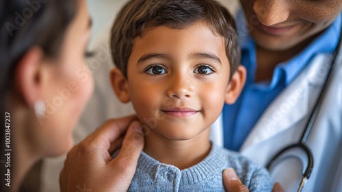 Medical staff assisting a child and family with health check-ups in a welcoming pediatric unit showing child-friendly healthcare services Large space for text in center Stock Photo with copy space