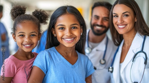 Multigenerational family waiting for medical check-ups in a hospital lobby highlighting equal healthcare access for all ages Large space for text in center Stock Photo with copy space