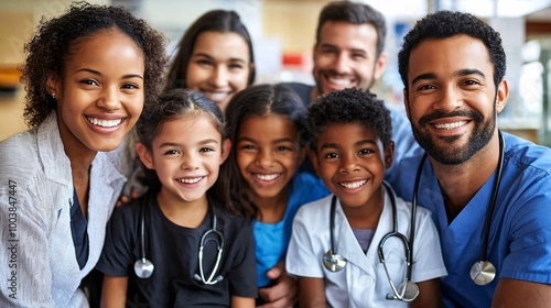 Multigenerational family waiting for medical check-ups in a hospital lobby highlighting equal healthcare access for all ages Large space for text in center Stock Photo with copy space
