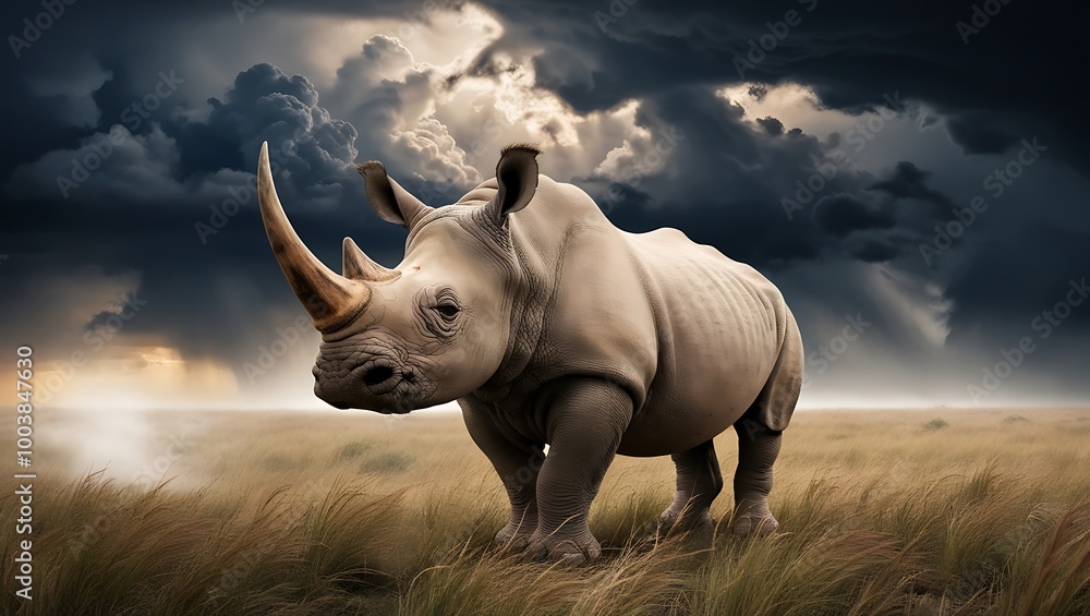Obraz premium This powerful image features a majestic rhinoceros standing tall in an open field, set against a backdrop of dramatic, dark clouds. The looming storm clouds fill the sky with an ominous intensity