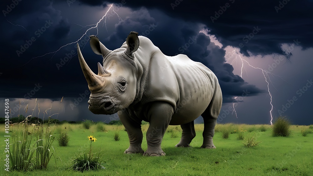 Obraz premium This powerful image features a majestic rhinoceros standing tall in an open field, set against a backdrop of dramatic, dark clouds. The looming storm clouds fill the sky with an ominous intensity
