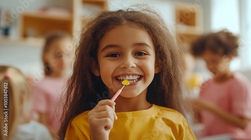 Children receiving dental check-ups in a brightly lit dental clinic emphasizing oral healthcare for young patients Large space for text in center Stock Photo with copy space