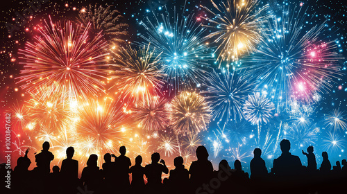 Silhouettes of a crowd of people watching fireworks on the night sky background.