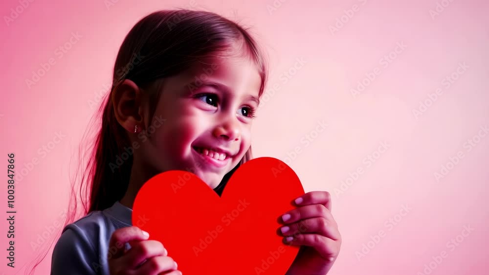 Smiling girl holding heart-shaped card on pink background Smiling girl holding heart-shaped card on pink background