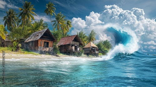 A resort with coconut trees on an island surrounded by tsunami waves in the middle of a blue background. World Tsunami Awareness Day. photo