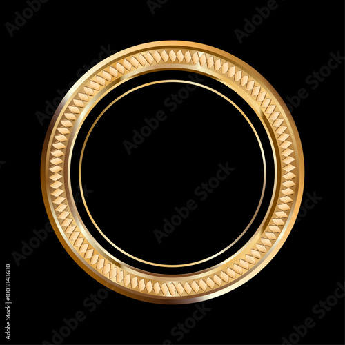 Detailed round gold circle isolated on black background. Gold ring logo. Inlay - rhombus. Victory, honorable achievement, quality product, anniversary. Vector illustration