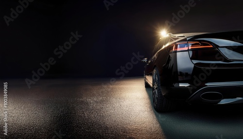 Rear view of modern black premium car in studio light 