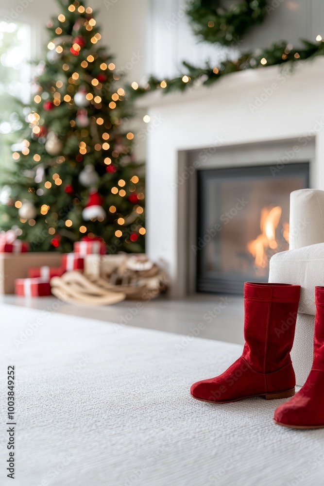 Obraz premium A red pair of boots atop a white couch, before a Christmas tree in the living room
