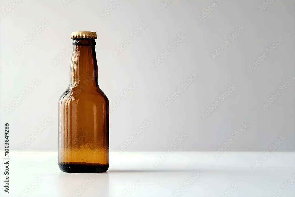 Small brown beer bottle with cork on a white backdrop featuring copyspace Small brown beer bottle with cork on a white backdrop featuring copyspace
