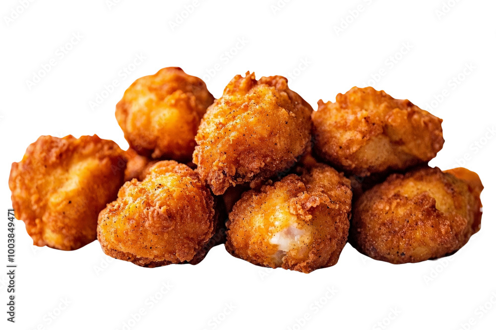 Bite-sized fried popcorn chicken isolated on transparent background, PNG file, with a golden crispy coating, lightly seasoned, arranged in a loose pile Bite-sized fried popcorn chicken isolated on transparent background, PNG file, with a golden crispy coating, lightly seasoned, arranged in a loose pile