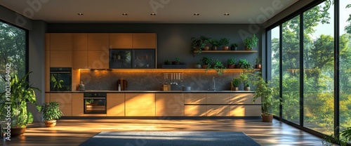 Wallpaper Mural Modern Kitchen Interior with Natural Light and Greenery Torontodigital.ca