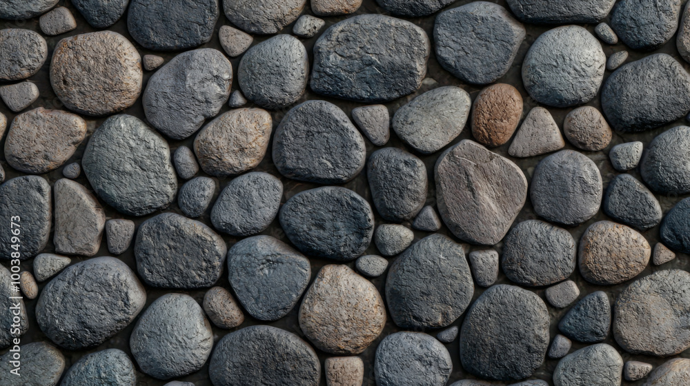 Natural river stones arranged in a rustic pattern on a textured surface for decoration Natural river stones arranged in a rustic pattern on a textured surface for decoration