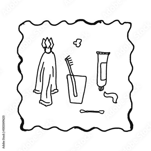 card of beauty elements: towel, toothbrush and toothpaste, cotton swabs. Hand drawn doodle illustration. Childish naive vector art