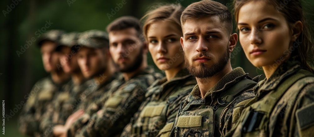 A group of soldiers in camouflage uniforms stand in a forest, looking serious and determined. A group of soldiers in camouflage uniforms stand in a forest, looking serious and determined.