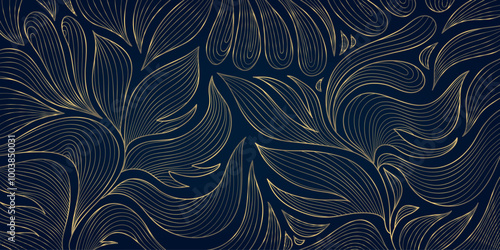 Vector art deco leaves floral pattern, line plant noueveau fancy illustration, luxury gold on blue gradient shiny wavy background. Jungle japanese print.